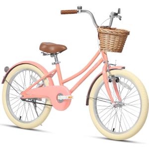 Glerc Little Molly 20 Inch Kids Bike, Retro Cruiser Girls Bike for Children Ages 7-13 Years Old, ‎Kids Bicycle with Wicker Basket & Kickstand, Peach