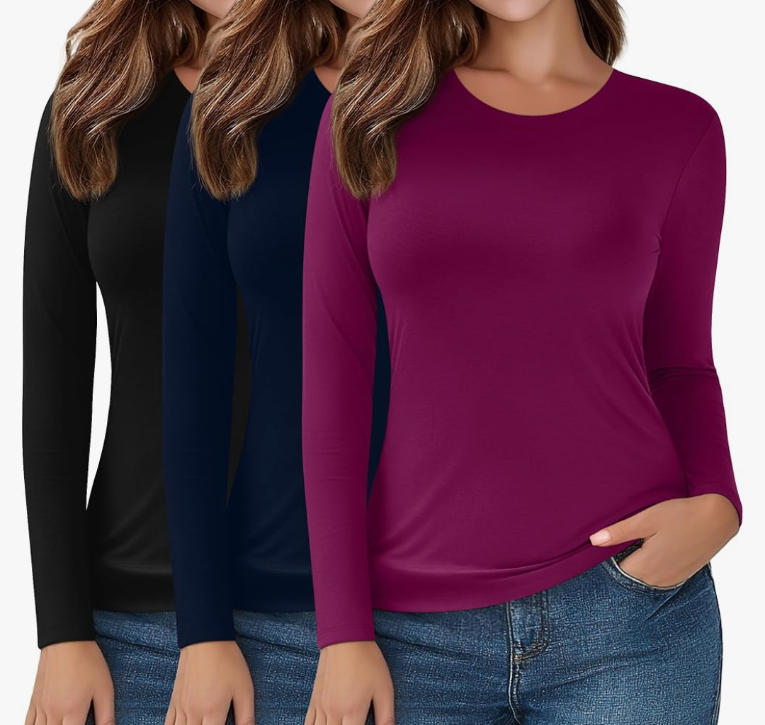 Ficerd 3 Pack 3/4 Sleeve Tops for Women Round Neck Dressy Basics Tees Casual Trendy Loose Fit T Shirts