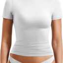 YEOREO Women Fitted Workout Tops Short Sleeve Double Lined Basic Y2K Going Out Crew Neck Compression Crop Top (Medium, White)