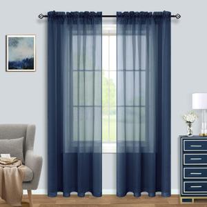 Pitalk Navy Blue Curtains 84 Inch Length for Living Room 2 Panels Set Rod Pocket Window Coastal Beach Dark Blue Sheer Curtains for Bedroom 52x84 Inches Long