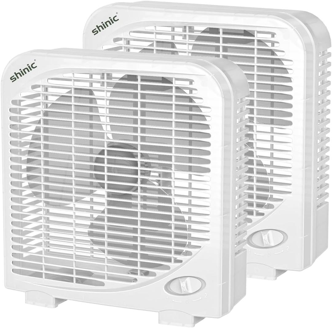 shinic 2 Packs 10" Tabletop Box Fan, 2 Speeds, Quiet Table Fans with Strong Airflow, Energy Efficient Small Box Fan, Portable Kitchen Exhaust Fans for Bedroom Bathroom Office Dorm Workshop, White, Double Units