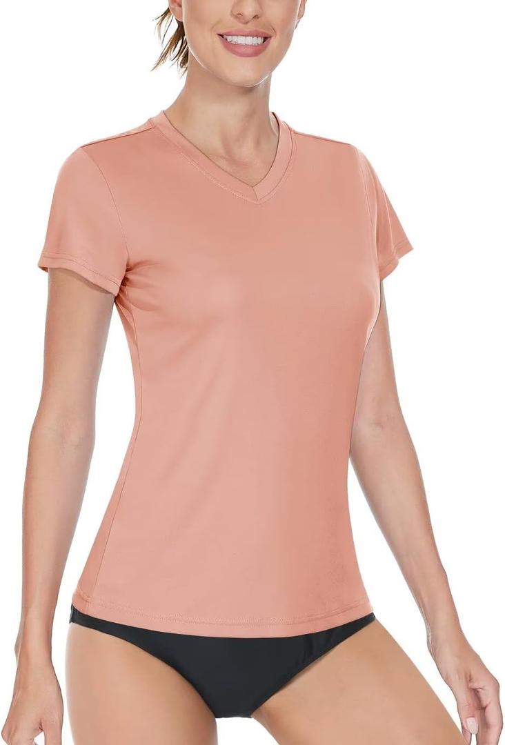 Boladeci Women's Swim Shirts - UPF 50+ Sun Protection Short Sleeve V Neck T-Shirts Workout Tops (Pink, S)