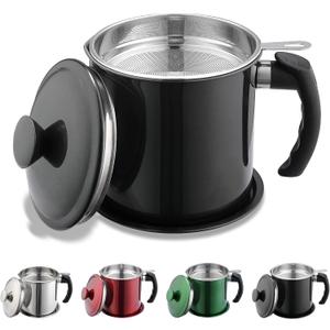 Kyraton Black Bacon Grease Container With Strainer, 48 oz Black Coating Stainless Steel Oil Container, Pot Fat Storage With Lid, Easy Grip Handle Suitable For Storing Frying Oil And Cooking Grease