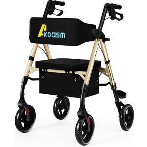 Foldable Rollator Walker with Seat for Seniors - Lightweight Rolling Walkers with Brakes, 300 lb Capacity, 8" All-Terrain Wheels, Adjustable Handles and Seat Height & Removable Storage Bag, Champagne