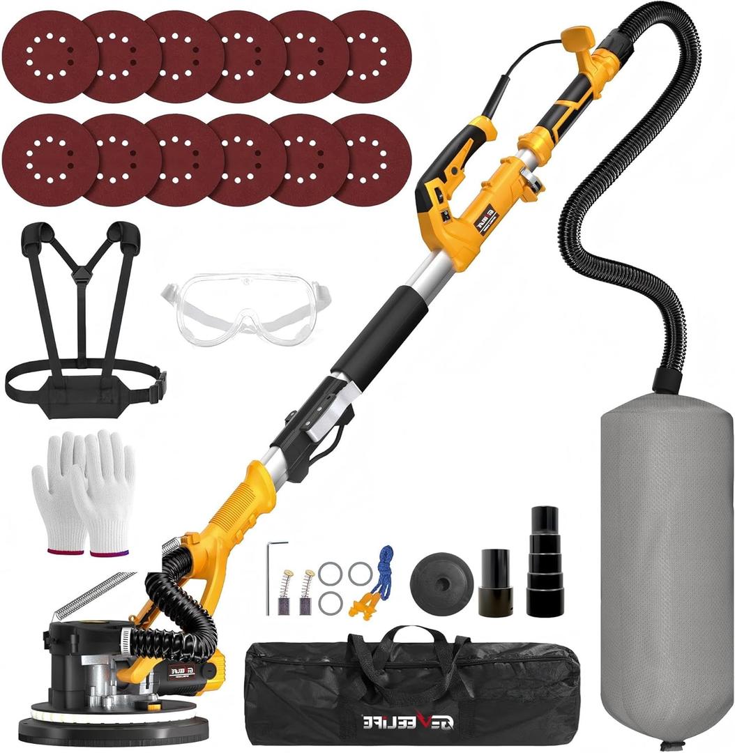 GEVEELIFE Drywall Sander, 880W 7.33A Electric Drywall Sander with Vacuum Dust Collector, 5 Variable Speed 1000-2100RPM, LED Light, Foldable & Extendable Handle, 12 Sanding Discs