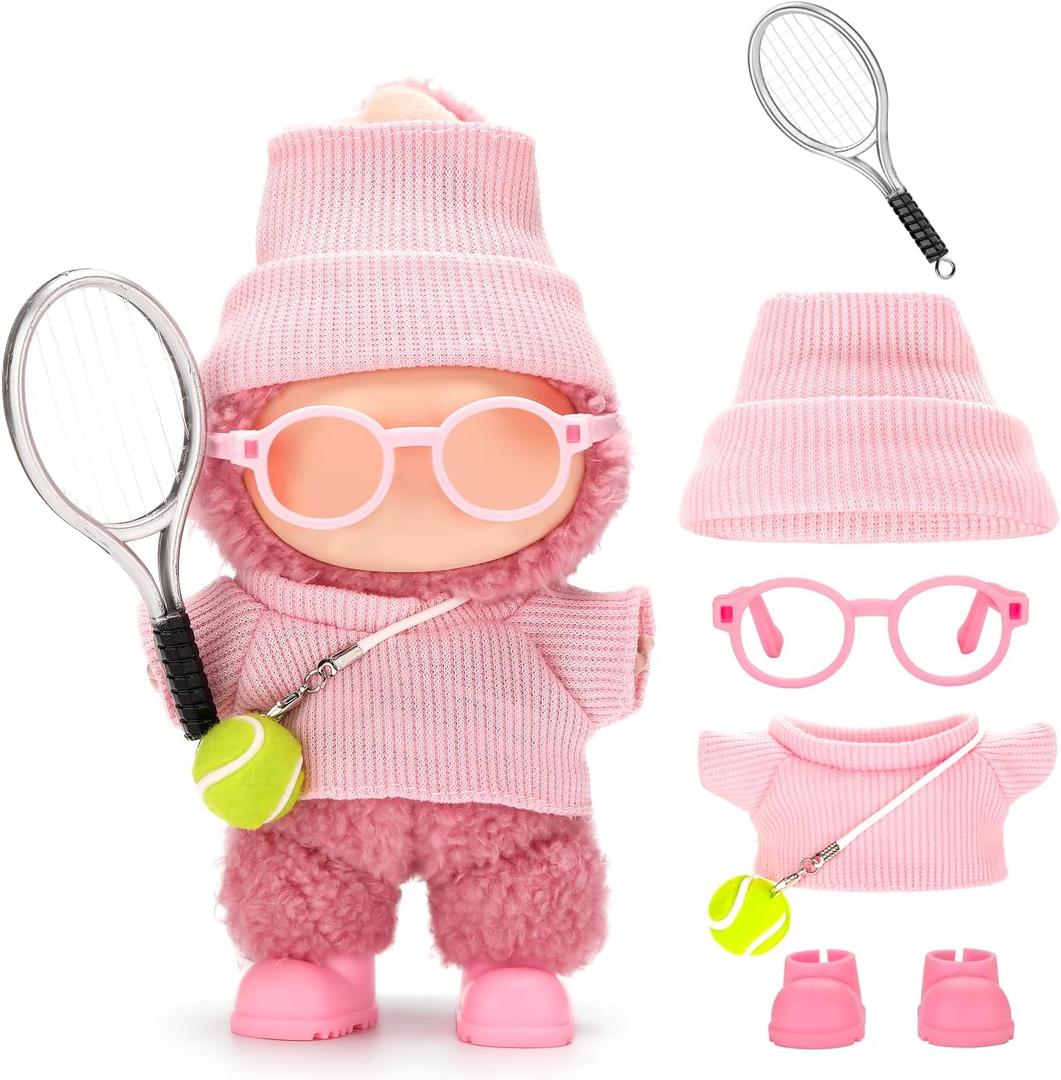 2 x Doll Clothes for Labubu 17cm 6-Piece Tennis Sports Set for Big into Energy & Have a Seat & Exciting Macaron Series Dolls, for 17cm Dolls Accessories (Pink)