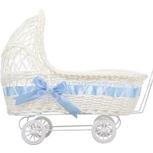 Kisangel Imitation Rattan Baby Carriage Flower Basket 14.6X11.4X6.7 Inch Vintage Style Wicker Stroller Centerpiece for Baby Shower Party Decor