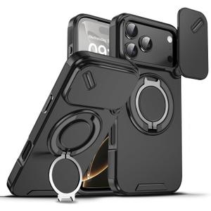 chubbycable Phone Case for iPhone 17 Chubbyarmor 2.0 Military-Grade Shockproof Magnetic Case with Camera Slide & 360 Kickstand Ring, Black
