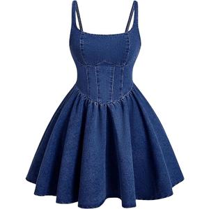 WDIRARA Women's Casual Square Neck Denim Dress Ruffle Hem A Line Mini Dress (XL, Dark Wash)