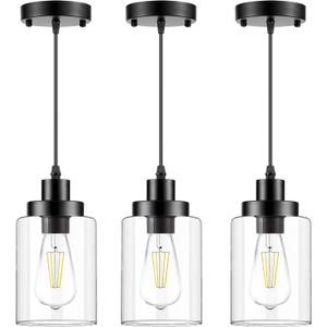 Industrial Pendant Lighting, Modern Clear Glass Shade Farmhouse Adjustable Hanging Light Fixtures for Kitchen Island Living Room Bedroom Hallway, 3-Pack (Black)