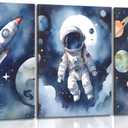 3Pcs Nursery Astronaut Wall Art Kids Space Planets Theme Canvas Painting Rocket Spaceman Wall Decor Explore Dream Galaxy Poster Prints Funny Outer Space Picture for Boys child Bedroom Living Framed (Blue)