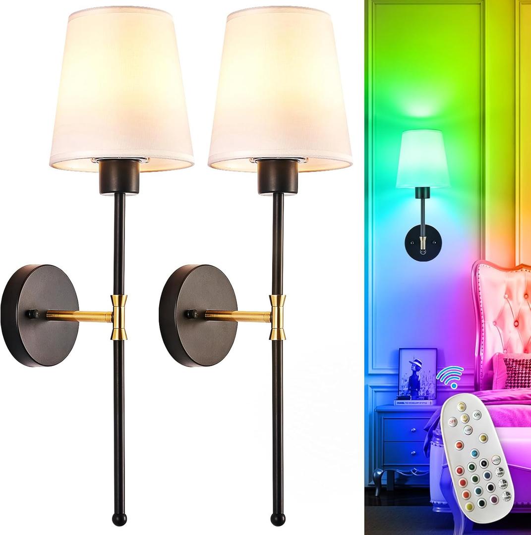 Depuley Battery Operated Wall Sconce: Set of 2 Wireless Wall Lights with Remote for Bedroom - Rechargeable 15 Colors Black and Gold Wall Lamp for Living Room Hallway