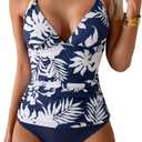 B2prity Halter Tankini Swimsuit for Women Tummy Control Two Piece Bathing Suit V Neck Swimwear with Shorts (Blue, M)