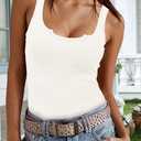 Women Tank Tops Sleeveless Shirt Basic Notched Scoop Neck Ribbed (White)