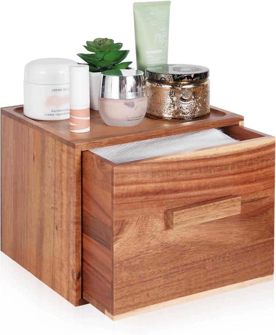 Disposable Face Towel Holder, Acacia Wooden Face Towel Container Compatible with Clea Skin Club Clean Towels XL, Drawer Storage Box, Makeup Remover Organizer for Vanity, Bathroomno face Towel