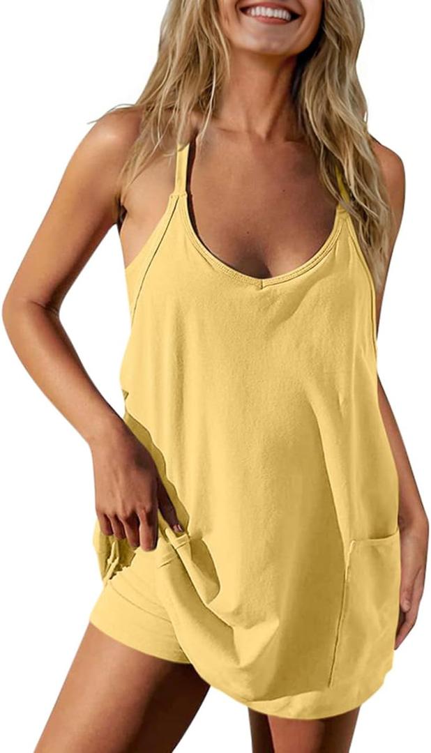 TARSE Athletic Dress for Women Casual Sleeveless Spaghetti Strap Sundress Workout Short Tennis Dress with Pockets (Small, Light Yellow)