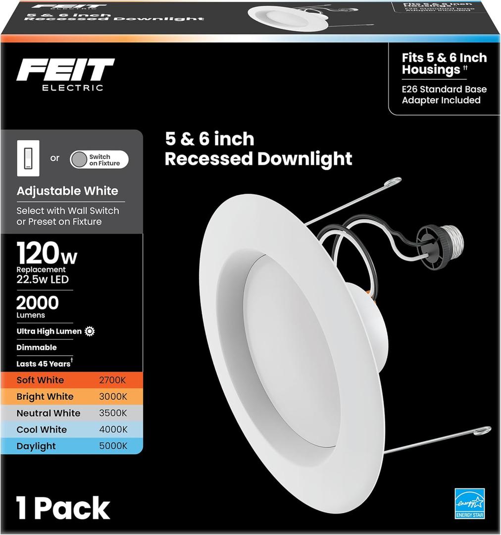Feit Electric LED Recessed Downlight, 120W Equivalent, 5/6 Inch Retrofit Kit, Dimmable, 2000 Lumens, 90+ CRI, 22W, Adjustable Color Temperature, High Ceilings & Large Spaces Downlight, LEDR56XHO/6WYCA