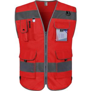 TCCFCCT Reflective Vest 9 Pockets High Visibility Safety Vest for Men Women, Hi Vis Construction Vest with Reflective Strips, Meets ANSI/ISEA Standards, (Red, Small) (Red Fabric-bison 001)