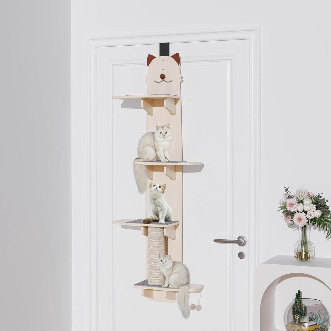 Door Hanging Cat Shelf, 67 Inch Over The Door Cat Tree, 4 Levels of Jumpable Platforms, with Kitten Scratching Post & Bell Ball, for Kittens Jumping & Playing, Multi-Layer Solid Wood Board (Beige)