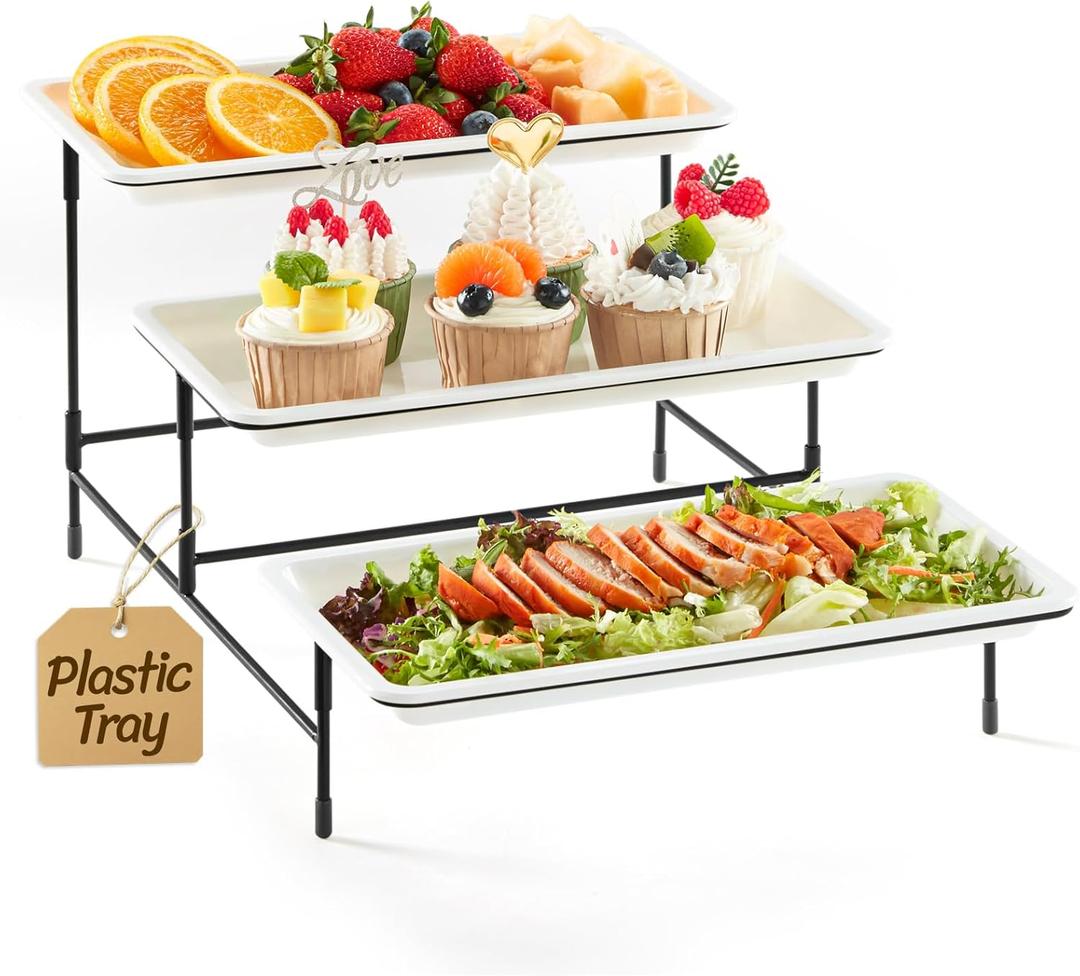 Lifewit 3 Tier Serving Tray, 30 x 17 cm/12 x 6.5" White Plastic Tiered Food Serving Platters, Tiered Tray Stand for Party with Black Collapsible Metal Stand, Dessert Display Stand for Cookies/Crackers