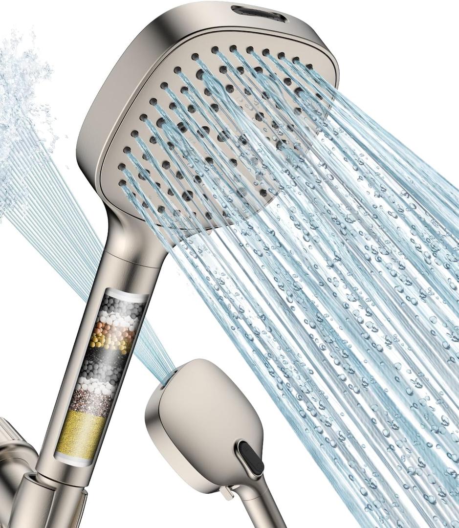 MakeFit Filtered Shower Head with Handheld, 7 Modes High Pressure Handheld Showerhead with Filters, Detachable Shower Heads Water Softener Filters Beads for Hard Water - Remove Chlorine & Heavy Metals (Nickel Brushed)