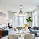 6-Light Modern Farmhouse Black Chandelier, Mid Century Dining Room Light Fixtures Over Table, Hanging Sputnik Chandelier for Kitchen Island Living Room Bedroom Office, Milk White Globe Glass Shade