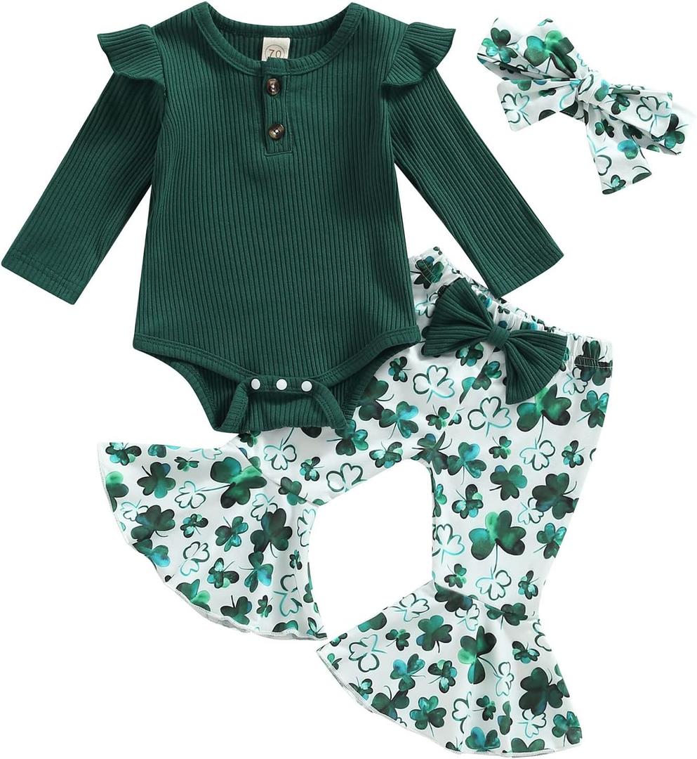 Infant Baby Girl Valentine's Day Outfits Long Sleeve Romper Lace Heart Bodysuit with Red Flare Pants Set 2Pcs (12-18 Months, Clover Green)