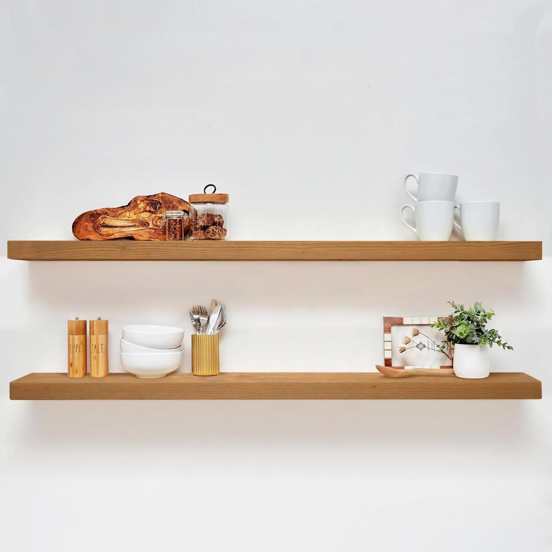 Homeforia 60 inch Golden Oak Floating Shelf, High End Solid Real Wood 60inch Small Floating Shelves for Wall Mounted, Oak Wooden 60in Floating Shelves, Heavy Duty Bracket, 60 X 6.5 X 1.75 in, Set of 2