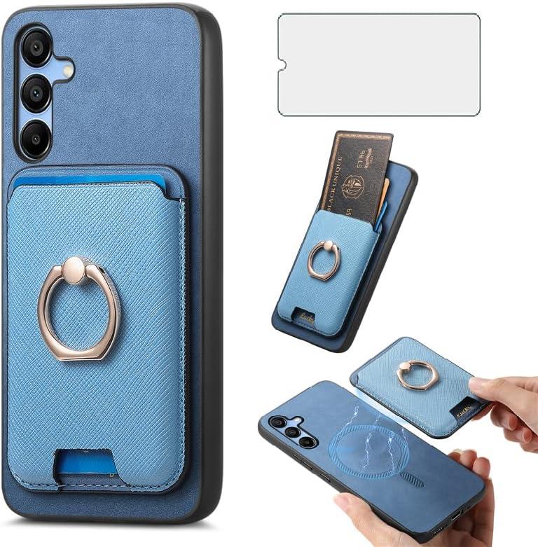Asuwish Phone Case for Samsung Galaxy A15 5G/4G Wallet Cell Cover with Tempered Glass Screen Protector Slim Ring Stand Credit Card Holder Slot Shock Drop Proof A 15 G5 15A Women Girls Men Boys Blue