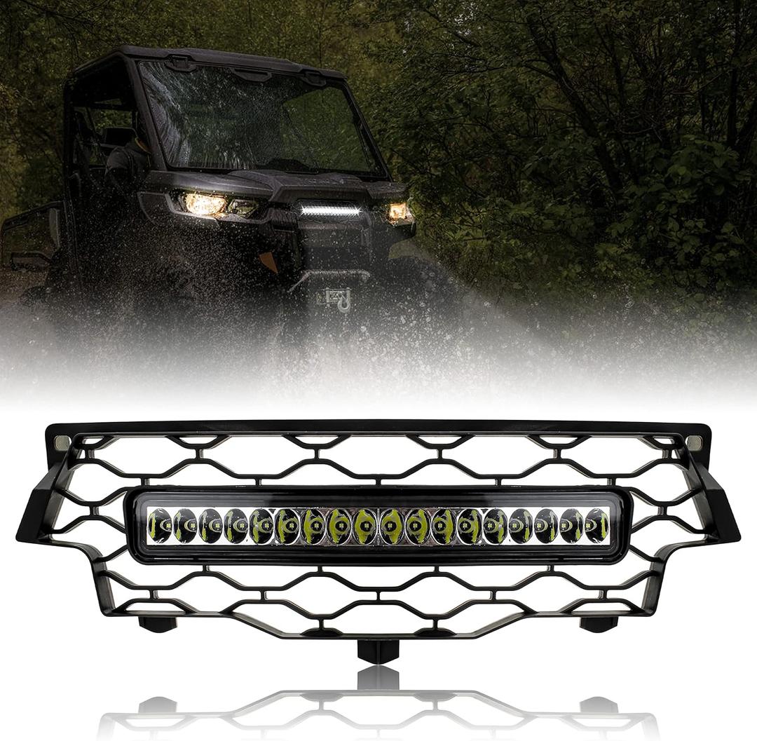SAUTVS Mesh Grille with LED Light Bar for Can-Am Defender/Defender MAX HD5 HD8 HD10 2016-2019 - Front Bumper Grill Accessories (1PCS)