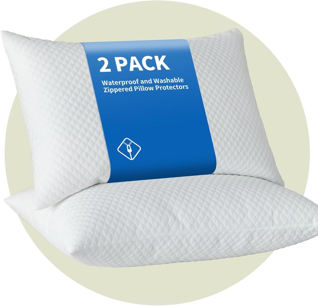 Waterproof Pillow Protectors, Protective Pillow Covers with Zipper,Allergen dust Proof Encasement, Queen Size Pillow Case,Pack of 2 (White-2 Pack, Queen)