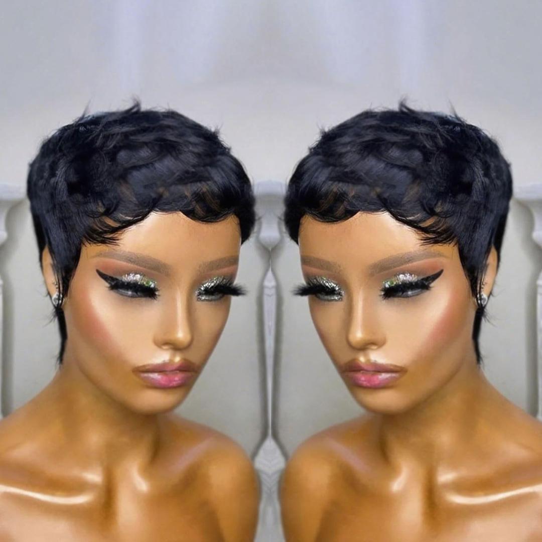 Short Pixie Cut Wigs for Black Women Human Hair Glue less pixie Layered None Lace Front Wig with Bangs Natural Straight Full Machine Made 1B color
