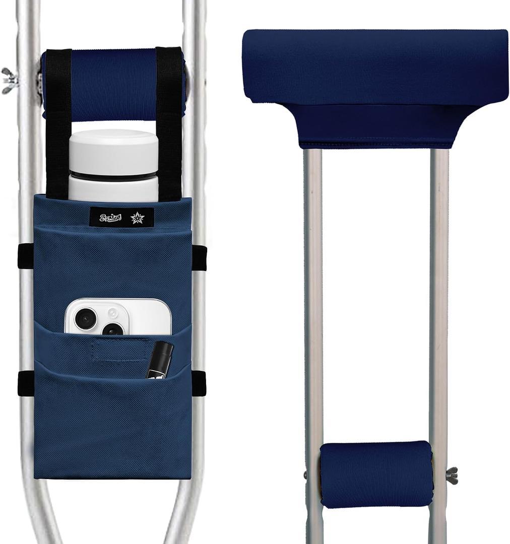 SPRING SEAON Crutches Padding & Crutch Bag (5 PCS) - Crutch Pads for Armpits and Hand Grips Water-Resistant Pouch for Crutches Crutch Cushions Crutches Accessories for Kids, Men, Women Navy Blue