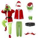 Adrinfly 7pcs Christmas Big Monster Santa Suit for Adult Green Deluxe Santa Costume With Mask XL