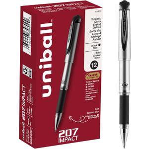 Uni-ball 207 Impact Gel Pens, Bold Point, 1.0 mm, Black; Gray Barrel, Black Ink, Pack Of 12