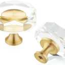 QOGRISUN 10-Pack Brass Crystal Cabinet Knobs,Glass Crystal Gold Drawer Knobs,1-1/4-Inch Polygon,Decorative Dresser Pulls, Modern Cabinet Hardware