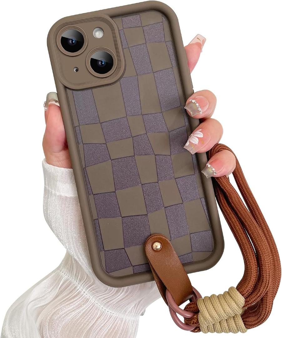 SOKAD for iPhone 13 Case, Cute Checkered Checkerboard Pattern Phone Case with Wrist Strap for Girls Women, Slim Soft Silicone Camera Protection Shockproof Case Cover, Brown