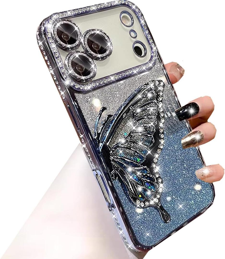 Changjia for iPhone 17 Pro Max Glitter 3D Butterfly Case,Cute Luxury Bling Sparkly Diamond Rhinestones Liquid Flowing Case with Camera Lens Protector Women Girls Cover for iPhone 17 Pro Max 6.9", Blue