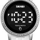 Stainless Steel Digital Watches for Women, LED Touch Screen Bracelet Watches Waterproof Elegant Crystal Wrist Watch Clock for Ladies (Round Silver)