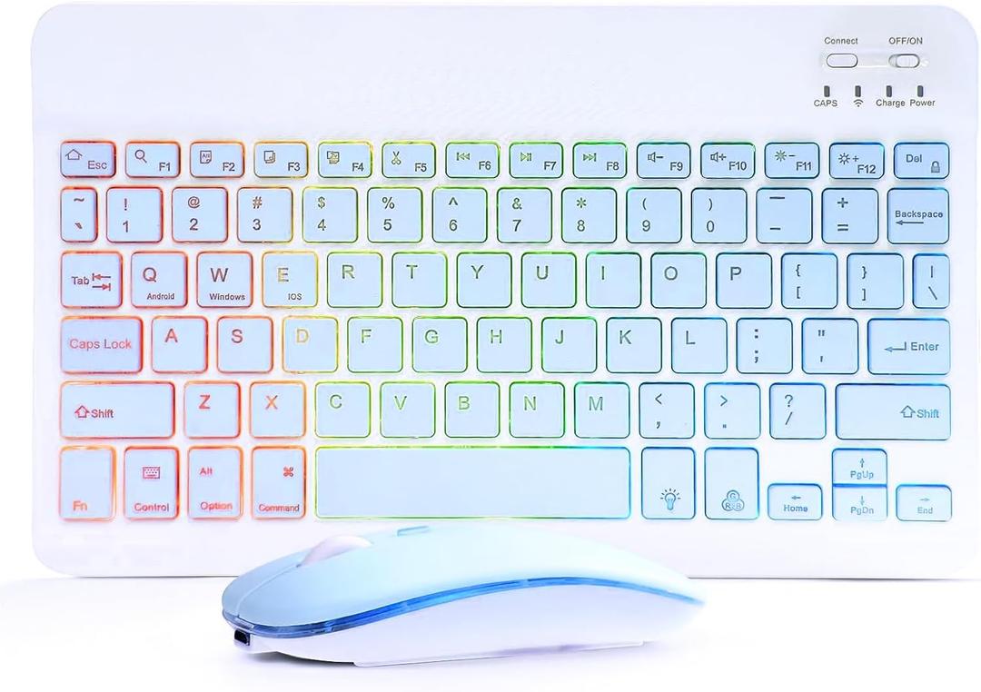 Bluetooth Keyboard and Mouse Combo for iPad - Rechargeable Wireless Keyboard & Mouse with 7-Color Backlit Compatible with iPad 9th/8th Gen, iPad Pro/Air/Mini, iPhone14/13/12 Pro,(10 inch Blue)