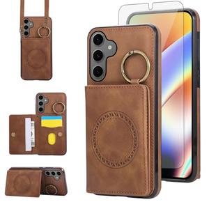 Compatible with Samsung Galaxy S25 FE 5G Wallet Case and Screen Protector Crossbody Shoulder Strap Ring Buckle Stand Card Holder Magnetic Car Mount Phone Cover for S 25 EF S25FE 25S 25FE Women Brown and Red, 2 Pack