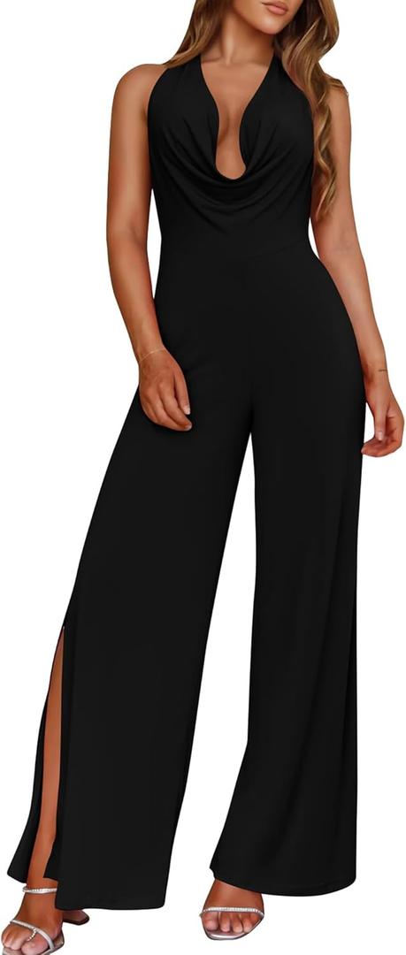 DAAWENXI Women's Sexy Halter Sleeveless Jumpsuits One Piece Backless Wide Leg Pants Side Rompers Vacation Beach Outfits (S)