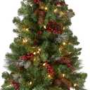 National Tree Company 4 ft Pre-Lit Crestwood Spruce Mini Artificial Christmas Entrance Tree, 100 Clear Lights, 230 Tips, Glitter, Pinecones, Red Berries, Gold Rubbed Pedestal Base, Green