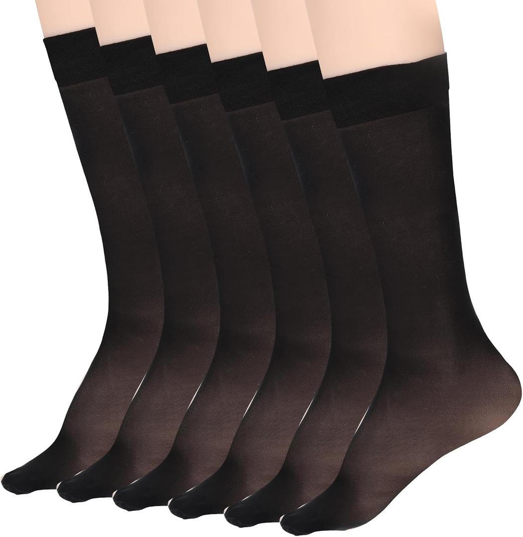Nogeqi 6 Pairs Black Stocking Socks Women Tight Sheer Knee High Stockings with Reinforced Toes High Elasticity Knee High Nylons for Women One Size