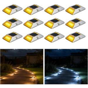 VATION LIGHTING Driveway Solar Dock Lights, 2 Colors Driveway Lights Solar Powered, IP67 Waterproof, Aluminum LED Outdoor Marker Deck Lights for Driveway, Pathway, White/Yellow, 12 Pack, FCC