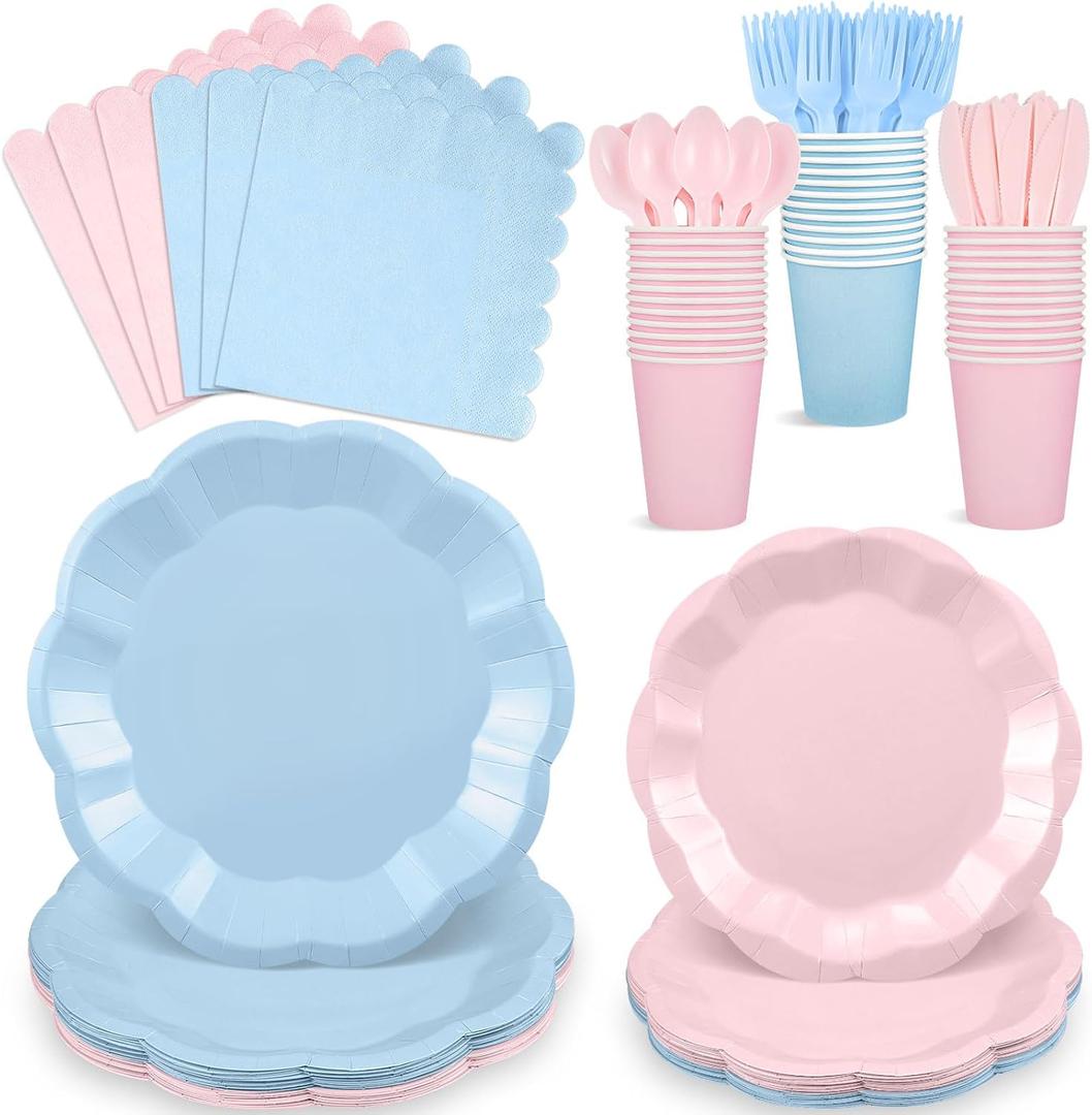 175 Pcs Baby Gender Reveal Plates and Napkins Set, 25 Guest Boy or Girl Gender Reveal Party Supplies Include Light Pink and Light Blue Plates Napkin Cup Plastic Spoon Fork Knive for Baby Shower