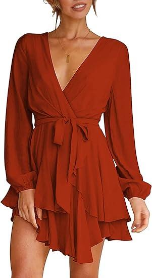 Women's Dress Deep V-Neck Long Sleeve Waist Tie Ruffle Mini Swing Skater Homecoming Dresses XS