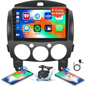 8-Core 4+64G Android 13 Car Stereo for Mazda 2 2007-2014 Upgrade Radio, 9'' HD Touch Screen with Wireless CarPlay & Android Auto, AHD Backup Camera, Mirror Link, GPS Navigation