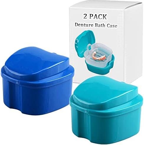 THINKPRICE Denture Bath Box Cup, Complete Clean Care for Dentures, Clear Braces, Mouth Guard, Night Guard & Retainers, Traveling (Navy Blue & Blue)