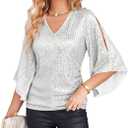 GRACE KARIN Womens Sparkly Sequin Tops,3/4 Sleeve Glitter Party Dressy Blouse,V-Neck Disco Evening Club Concert Shirt, M, White